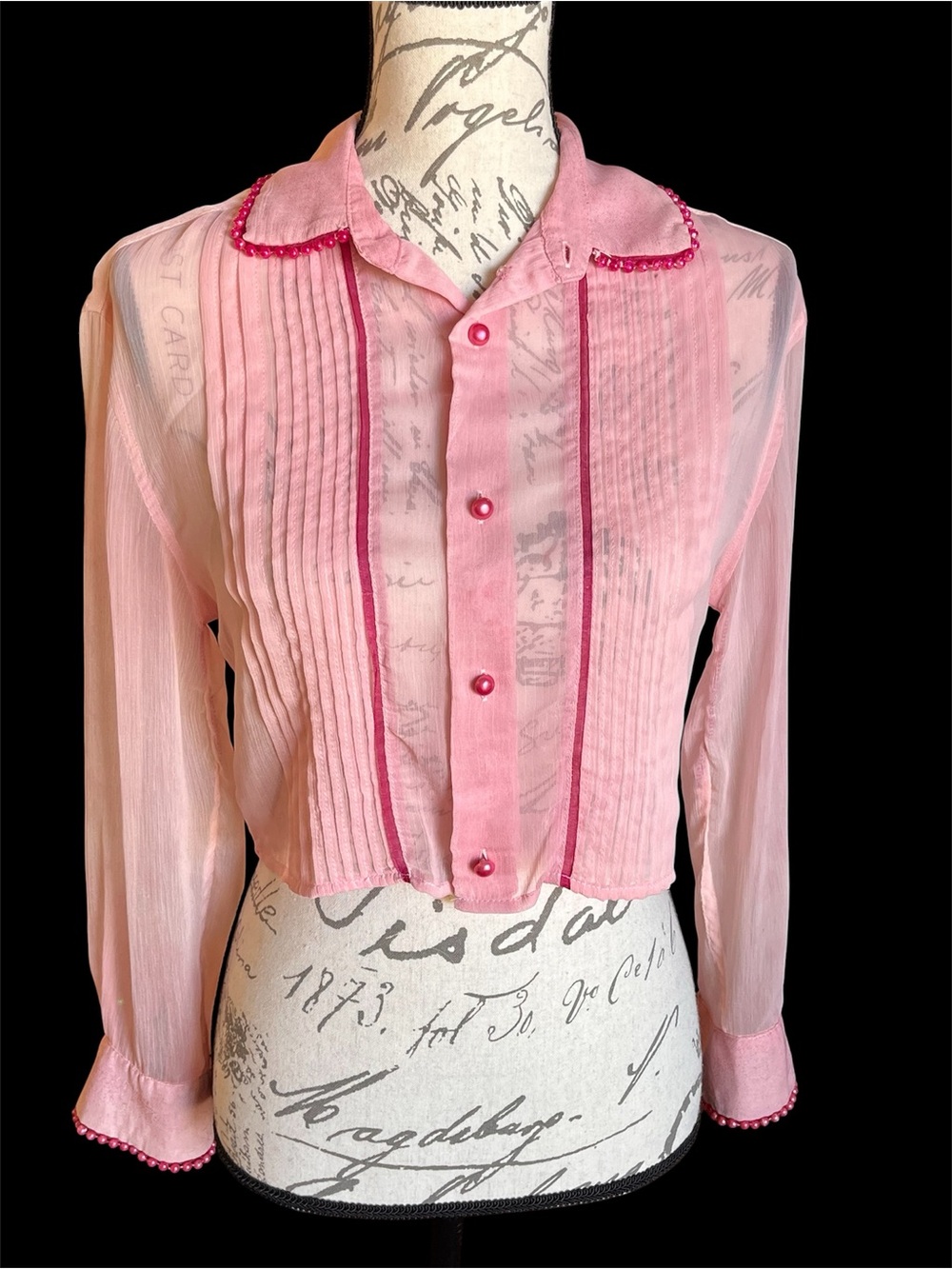 Asos Design Vintage Pink Sheer Button-Front Pearl detail Women's Blouse XS